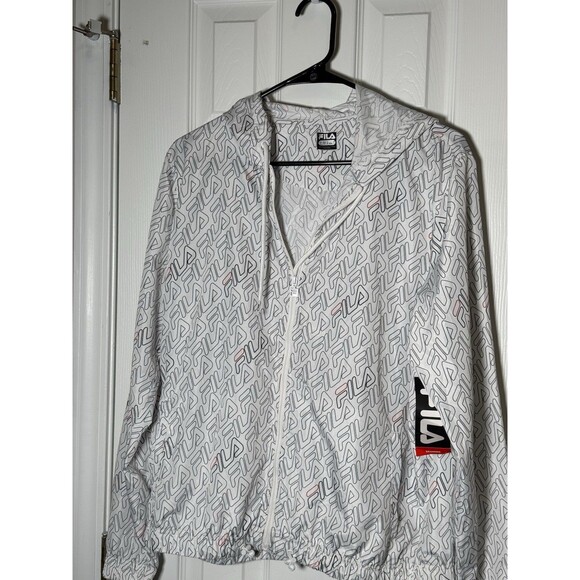 FILA Women’s Lightweight Windbreaker Jacket White Logo Print Zip Front Large - Picture 4 of 8